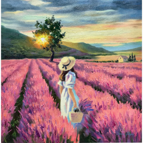 Dieses Kunstwerk zeigt eine junge Frau in einem Sommerkleid, die durch die Lavendelfelder in der Provence spaziert. Dieses Gemälde aus der Sammlung "Danke, Mama" eignet sich perfekt als Geschenk zum Muttertag.
