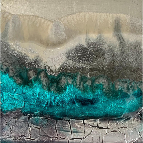 Abstraktes Gemälde von Silvia Depaire, erstellt mit der "Fluid Painting"-Technik ohne Pinsel oder Bürste. Dieses blaue und graue Gemälde eignet sich perfekt als Geschenk zum Muttertag.